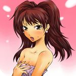  bare_shoulders blush brown_eyes embarrassed flat_chest kujikawa_rise naked_towel persona persona_4 red_hair segami_daisuke solo sweatdrop towel twintails 