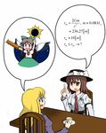  arm_cannon black_hole_(space) blonde_hair bow brown_hair chair cup equation hat long_hair maribel_hearn math md5_mismatch multiple_girls necktie reiuji_utsuho sai_(bankoru) science table teacup touhou usami_renko weapon wings 