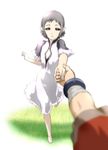  1girl barefoot brown_eyes grass hands holding_hands ico ico_(character) looking_at_viewer out_of_frame parted_lips pointy_ears pov pov_hands running short_hair silver_hair torn_clothes ueyama_michirou yorda 
