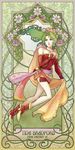  art_nouveau blue_eyes cape character_name copyright_name cosmos_(flower) detached_sleeves earrings final_fantasy final_fantasy_vi flower green_hair jewelry kinoeneko no_legwear ponytail solo tina_branford 