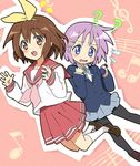  ? bad_id bad_pixiv_id blue_eyes brown_eyes brown_hair castanets cosplay costume_switch crossover hair_ornament hair_ribbon hairband hairclip hiiragi_tsukasa hiiragi_tsukasa_(cosplay) hirasawa_yui hirasawa_yui_(cosplay) instrument k-on! loafers lucky_star maruki_(punchiki) multiple_girls musical_note pantyhose pink_neckwear purple_hair ribbon ryouou_school_uniform school_uniform serafuku shoes short_hair surprised yellow_hairband 