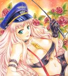  bad_id bad_pixiv_id belt between_breasts blue_eyes breasts choker cleavage covered_nipples flower gloves hat jewelry large_breasts long_hair macross macross_frontier microphone necklace peaked_cap pemoko riding_crop ring sheryl_nome solo strapless suspenders traditional_media tubetop very_long_hair whip 