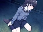 black_hair blush game_cg leg_hold long_hair sakakibara_miya school_uniform sitting solo takano_kou wariza youtou_jiken 