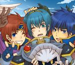  artist_request blue_eyes blue_hair blush brown_hair fire_emblem fire_emblem:_fuuin_no_tsurugi fire_emblem:_monshou_no_nazo fire_emblem:_souen_no_kiseki gloves headband ike kirby_(series) lowres male_focus marth mask meta_knight multiple_boys one_eye_closed roy_(fire_emblem) super_smash_bros. tiara v yellow_eyes 