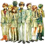  5boys adjusting_collar antenna_hair arms_at_sides ayase_yuka back bangs belt black_hair blazer blonde_hair boots bow brown_eyes brown_hair bubble_blowing chewing_gum closed_mouth clothes_writing everyone flower frown full_body glasses green_hair grin hair_bow hair_ornament hair_scrunchie hair_slicked_back hand_on_hip hat headband holding inaba_masao jacket jewelry kido_reiji kirishima_eriko kneehighs leg_warmers legs_apart loafers long_hair long_sleeves looking_at_viewer looking_down looking_to_the_side mary_janes mayuzumi_yukino multiple_boys multiple_girls namahamuro-su nanjou_kei necklace necktie number pants persona persona_1 ponytail red_bow scarf school_uniform scrunchie shoes short_hair simple_background skirt smile sonomura_maki st._hermelin_school_uniform standing swept_bangs toudou_naoya twintails uesugi_hidehiko white_background white_legwear 