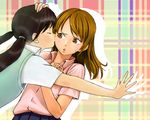  black_hair brown_eyes brown_hair cheek_kiss closed_eyes copyright_request kiss long_hair mcenroe multiple_girls twintails yuri 