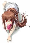 1girl all_fours barefoot bow brown_hair cat_like crawling feet little_busters little_busters! long_hair looking_at_viewer na-ga natsume_rin red_eyes skirt solo 