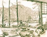  bow hair_bow hair_tubes hakurei_reimu hat hat_bow kirisame_marisa monochrome mountain murasaki-no nature no_humans pillow scenery senbei sepia shouji sliding_doors stone_lantern tatami tea touhou traditional_media witch_hat yukkuri_shiteitte_ne 