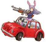  animal_ears black_hair bunny_ears car ground_vehicle gun inaba_tewi kishiinu long_hair motor_vehicle multiple_girls necktie purple_hair red_eyes reisen_udongein_inaba short_hair skirt touhou weapon 