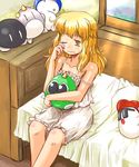  bed bedroom blonde_hair bloomers camisole character_request indoors kanoe_soushi kirisame_marisa no_hat no_headwear one_eye_closed sleepy solo strap_slip stuffed_toy touhou underwear 