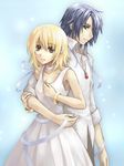  1girl athrun_zala blonde_hair blue_hair bracelet brown_eyes cagalli_yula_athha couple dress green_eyes gundam gundam_seed hetero hug hug_from_behind jewelry pendant phi_(melon-pan) 