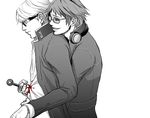  akiratto bad_end bad_id bad_pixiv_id blood glasses greyscale hanamura_yousuke headphones kunai male_focus monochrome multiple_boys narukami_yuu persona persona_4 school_uniform smile stabbed stabbing surprised violence weapon 