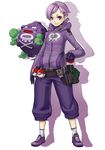  drop_shadow gen_1_pokemon holding holding_poke_ball hood hoodie koffing maka62 pixiv pixiv_trainer poke_ball poke_ball_(generic) pokemon pokemon_(creature) pokemon_trainer purple_hair short_hair waist_poke_ball zipper 