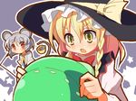  9law animal_ears basket blonde_hair braid grey_hair hat kirisame_marisa mouse mouse_ears mouse_tail multiple_girls nazrin red_eyes short_hair tail touhou ufo witch_hat yellow_eyes 