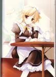  artist_request bird blonde_hair brown_eyes copyright_request highres maid pantyhose solo table 