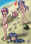  ahoge barefoot baseball_bat beach bikini blindfold braid day food fruit hair_ribbon highres hiiragi_kagami hiiragi_tsukasa izumi_konata lucky_star mole mole_under_eye multiple_girls one-piece_swimsuit red_blindfold ribbon sand suikawari swimsuit takara_miyuki tsuruki_hikaru watermelon 