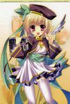  2008 absurdres artist_name bad_id bad_yandere_id bell blonde_hair blush book copyright_name dengeki_hime garter_belt happy hat highres katagiri_hinata koihime_musou october official_art pointing purple_eyes quill ribbon shokatsuryou skirt solo thighhighs watermark white_legwear 