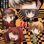  1boy 4girls :&lt; :d all-out_attack amagi_yukiko bandaid black_eyes black_hair blue_eyes blue_hair blush brown_eyes brown_hair chibi cut-in earrings embarrassed grey_eyes grey_hair hairband hat jacket jewelry kujikawa_rise multiple_girls narukami_yuu open_mouth persona persona_4 red_hair satonaka_chie school_uniform shirogane_naoto smile surprised translated twintails watabow 