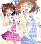  amami_haruka brown_hair glasses green_eyes hair_ribbon idolmaster idolmaster_(classic) idolmaster_1 necktie npon515 one_eye_closed plaid plaid_skirt ribbon rough_time_school school_uniform short_hair skirt solo v 