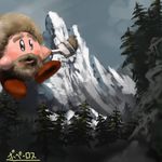  beard bob_ross copy_ability facial_hair goatee kirby kirby_(series) koki_(ryoushikiha) lowres mountain no_humans paintbrush painting parody the_joy_of_painting tree trim_brush 