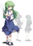  alternate_costume bag detached_sleeves dual_persona green_eyes green_hair kochiya_sanae long_hair looking_back mamo_williams multiple_girls school_bag school_uniform serafuku touhou twintails 