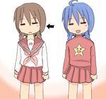  :3 =_= ahoge bad_id bad_pixiv_id blue_hair braid brown_hair closed_eyes izumi_konata lucky_star madotsuki mole mole_under_eye multiple_girls pink_neckwear pink_shirt ryouou_school_uniform school_uniform senkox serafuku shirt twin_braids yume_nikki 