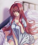  bed long_hair pillow red_eyes red_hair redhead shinkyoku_soukai_polyphonica sitting thigh-highs thighhighs 
