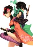  1girl bad_id bad_pixiv_id black_hair holding holding_sword holding_weapon kisuke left-handed makimura_shunsuke momohime oboro_muramasa scarf sword thighhighs weapon 