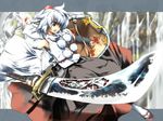  alternate_weapon animal_ears detached_sleeves geta grey_eyes hat inubashiri_momiji sanoharu shield short_hair silver_hair solo sword tokin_hat touhou weapon wolf_ears 