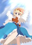  alice_margatroid ascot blonde_hair blue_dress blue_eyes blue_sky blush capelet da day dress floating_hair flying from_below light_rays looking_at_viewer mieharu outdoors short_hair sky solo sunlight touhou wind 