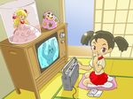  daruma_doll doll finger_to_mouth ghost kabiinyo_(kab) looking_at_viewer original shushing solo tape_recorder tatami television twintails 