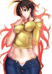  amaha_masane brown_eyes brown_hair midriff navel open_fly panties short_hair striped striped_panties unbuttoned underwear unzipped witchblade 