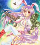  animal_ears bad_id bad_pixiv_id boots bunny_ears dual_wielding front-tie_top gun holding inaba_tewi long_hair midriff multiple_girls navel necktie pemoko pink_neckwear purple_hair red_eyes reisen_udongein_inaba rifle skirt thighhighs touhou traditional_media very_long_hair weapon white_legwear zettai_ryouiki 