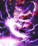  frills glaring hands hat hat_ribbon light lightning looking_at_viewer nagae_iku purple_hair red_eyes ribbon serious shawl shirosa short_hair solo touhou 