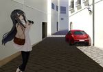  :d alfa_romeo bag black_hair brown_eyes building_block camera car casual ground_vehicle handbag highres holding long_hair motor_vehicle open_mouth original smile solo uttt 