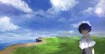  black_hair clouds grass kyouichi male original short_hair sky water 