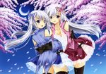  2girls cherry_blossoms gray_hair lolita_fashion long_hair moon original petals purple_eyes sasahiro thighhighs twins 