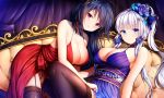  2girls ahoge alternate_costume alternate_hairstyle azur_lane bangs bare_shoulders black_hair black_legwear blue_dress blue_eyes blush breasts choker cleavage closed_mouth cocktail_dress collarbone commentary curtains dress elbow_gloves eyebrows_visible_through_hair garter_straps gloves hair_between_eyes hair_ornament hair_ribbon halter_dress highres huge_breasts illustrious_(azur_lane) indoors large_breasts long_hair looking_at_viewer lounge mole mole_under_eye multiple_girls ponytail red_dress red_eyes ribbon sidelocks smile taihou_(azur_lane) thighhighs twintails very_long_hair white_hair wsman 