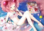  bikini cake cherry_blossoms food glasses hair_ornament hakusai_(tiahszld) heart innertube long_hair navel original partially_submerged petals pink_bikini pink_hair purple_eyes see-through side-tie_bikini solo spoon spoon_in_mouth swimsuit water wings 