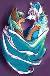  blue_markings blue_nose brown brown_fur canine crystalryuu dragon duo feline female frills fur green_eyes horn hug hybrid invalid_color leopard mammal markings purple_background snow_leopard spots tentadeer wings wolf 