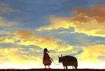  back cloud cloudy_sky grass highres kyouichi leash original short_hair sky star_(sky) sunrise twintails yak yellow_sky 