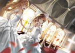  bare_shoulders bow bridal_veil brown_eyes brown_hair couple dress dutch_angle elbow_gloves ghostas gloves hakurei_reimu hand_on_own_chest holding_hands indoors kirisame_marisa multiple_girls open_mouth petals pew sidelocks skirt_hold smile standing touhou veil wedding_dress white_bow white_dress white_gloves wife_and_wife yuri 