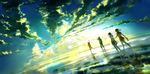  2girls barefoot cloud dutch_angle holding holding_shoes horizon knite long_hair multiple_boys multiple_girls original reflection scenery shoes shoes_removed short_hair sky walking walking_on_liquid water wenqing_yan 