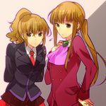  1girl androgynous arms_behind_back blonde_hair cravat formal grey_eyes hand_on_hip jewelry long_hair necktie ponytail ring siblings skirt suit towa1 umineko_no_naku_koro_ni ushiromiya_jessica ushiromiya_lion 