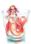  bad_id bad_pixiv_id breasts cup fins fish goldfish gradient_hair head_fins in_container in_cup large_breasts looking_at_viewer mermaid minigirl monster_girl multicolored_hair navel nukomasu open_mouth orange_hair original pink_eyes pink_hair short_hair simple_background solo water white_background 