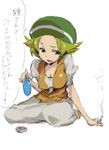  bel_(pokemon) blonde_hair bottle breasts cigarette cleavage green_eyes hat holding medium_breasts orange_legwear pantyhose pokemon pokemon_(game) pokemon_bw short_hair simple_background sitting sketch skirt solo toru_k white_skirt 