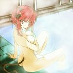  animal_ears anime_coloring ass bow braid breasts cat_ears cat_tail cleavage covering derivative_work fang hair_bow kaenbyou_rin long_hair making_of medium_breasts nude nude_cover open_mouth red_eyes red_hair rhine sitting solo spread_legs tail touhou towel twin_braids twintails water 