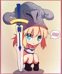  :t bandeau blonde_hair blush boots chibi clarent denim denim_shorts fate/apocrypha fate_(series) flat_chest green_eyes headwear_removed helmet helmet_removed jewelry long_hair mordred_(fate) mordred_(fate)_(all) necklace ponytail shorts solo squatting strapless sword tusia weapon 