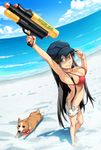  bad_id bad_pixiv_id beach bikini_top black_hair blue_eyes day dog hat kimura_(ykimu) long_hair long_legs original shorts solo water_gun 