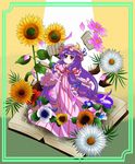  :&lt; book border bow capelet crescent daisy dress flower hair_bow hand_up hat hat_ribbon highres leaf long_hair looking_away mob_cap morning_glory mukyuu open_book patchouli_knowledge purple_hair red_eyes red_flower red_rose ribbon robe rose ryouryou solo sunflower touhou very_long_hair yellow_background 